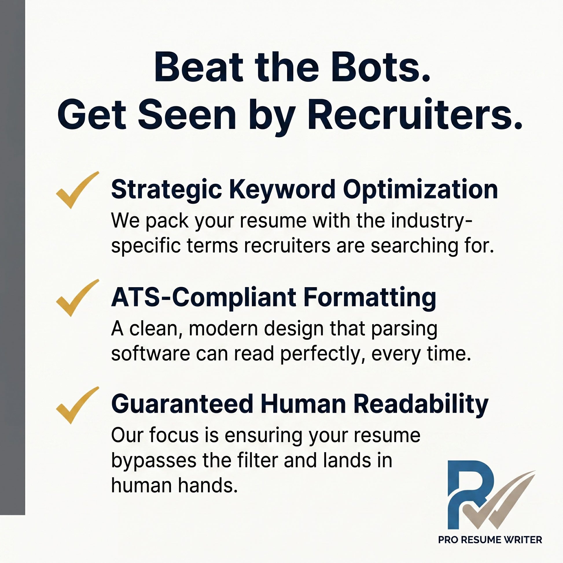 Promotional graphic for a resume writing service with the headline 'Beat the Bots. Get Seen by Recruiters.