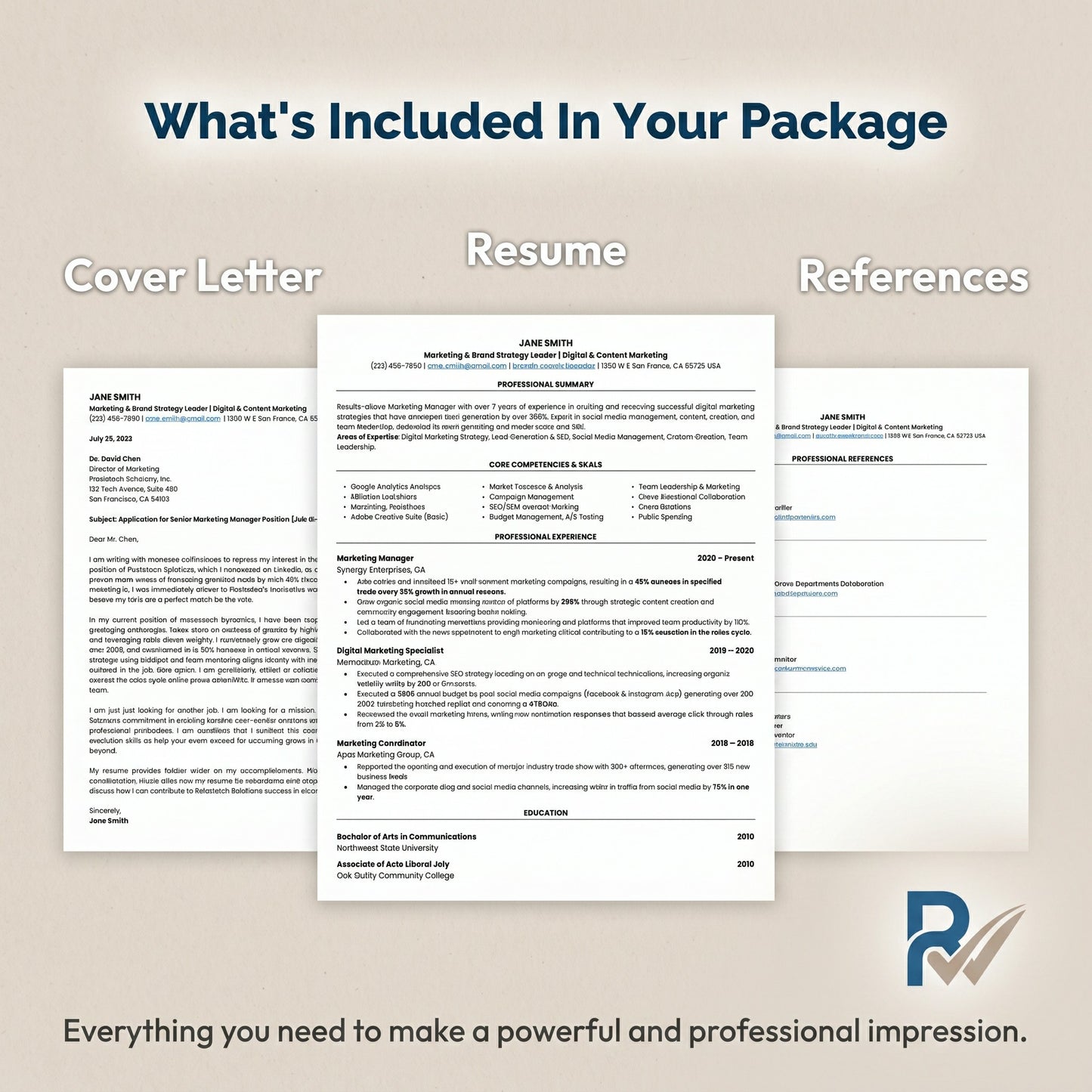 A promotional graphic showing included resume package materials on a beige background: a cover letter, a resume, and references, with the text 'What's Included In Your Package' and a logo at the bottom.