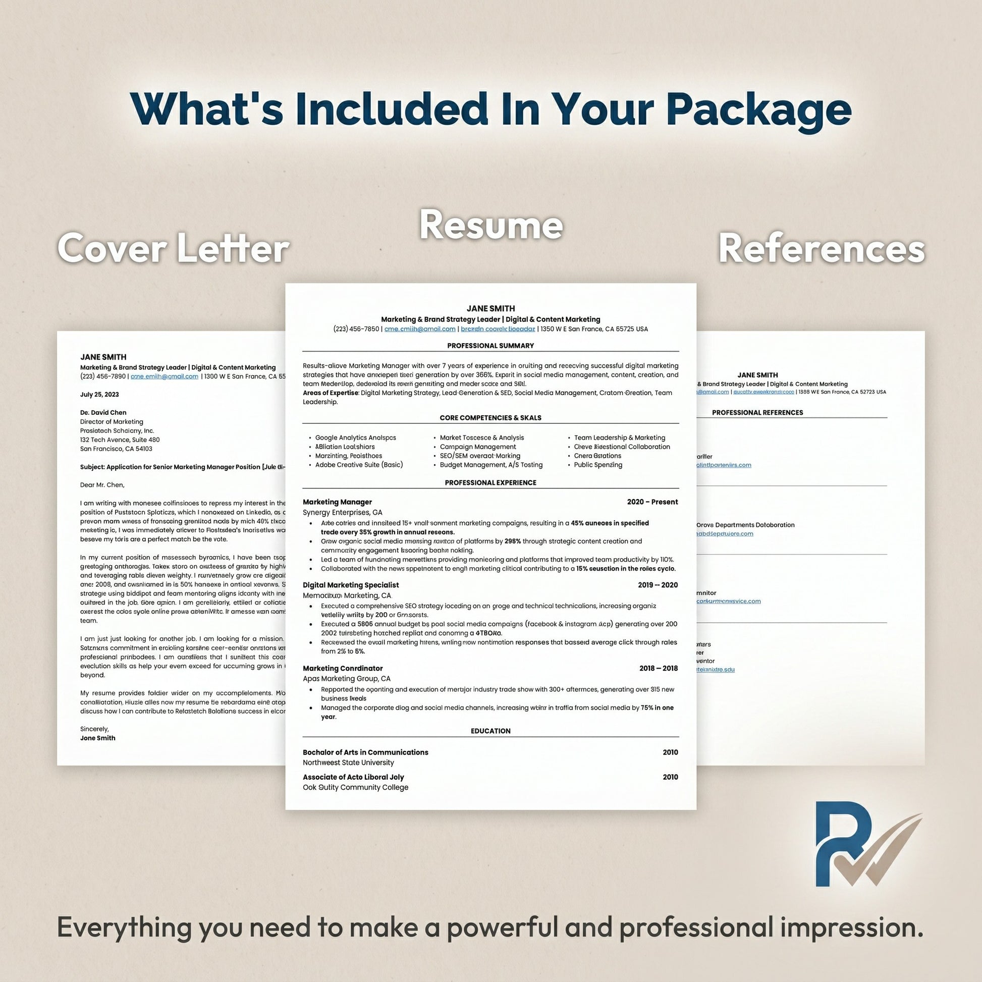 A promotional graphic showing included resume package materials on a beige background: a cover letter, a resume, and references, with the text 'What's Included In Your Package' and a logo at the bottom.