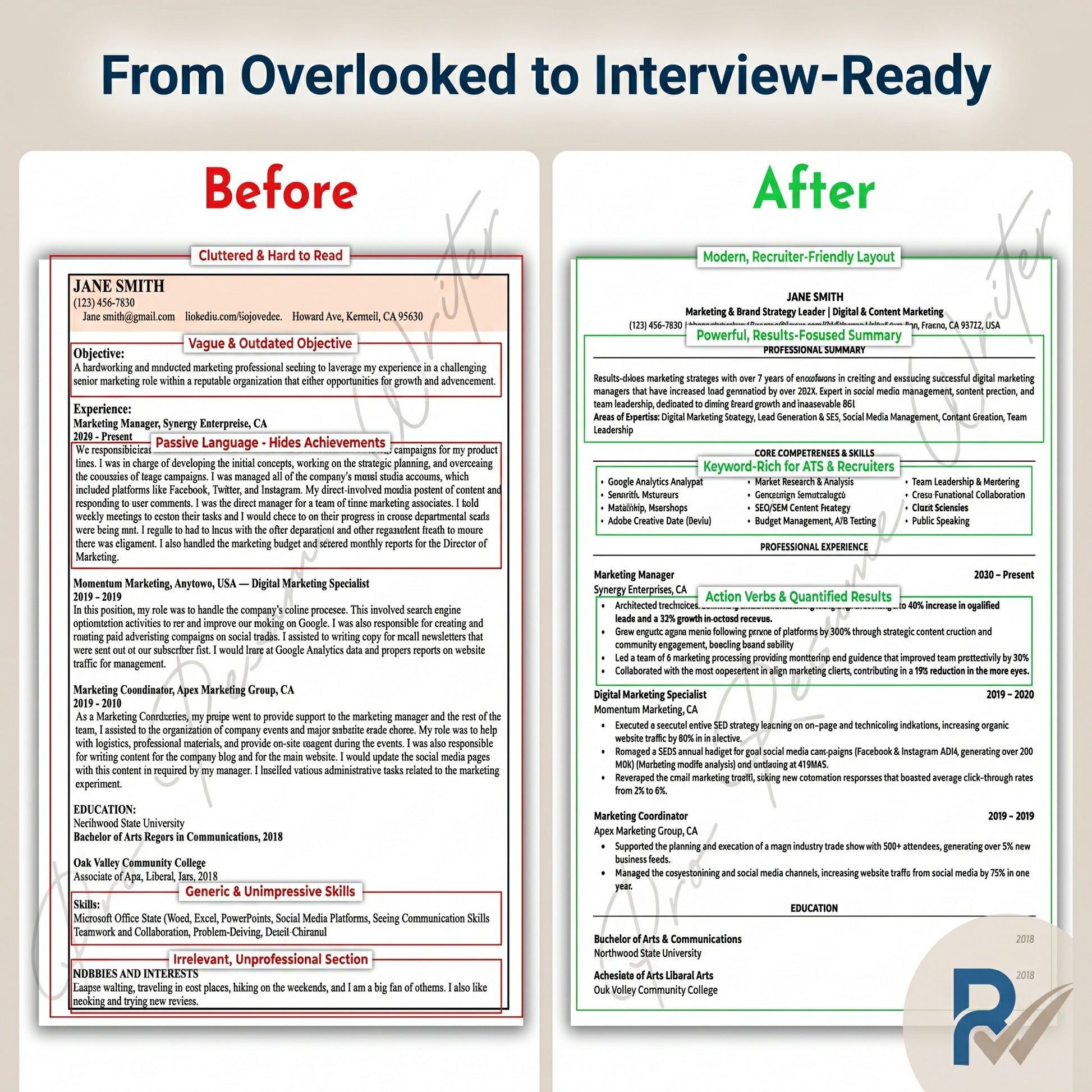 A promotional graphic showing a resume template comparison labeled 'Before' and 'After' with the headline 'From Overlooked to Interview-Ready.' The left panel shows a basic resume layout in red and black; the right panel shows a polished modern layout in green, gray, and black.