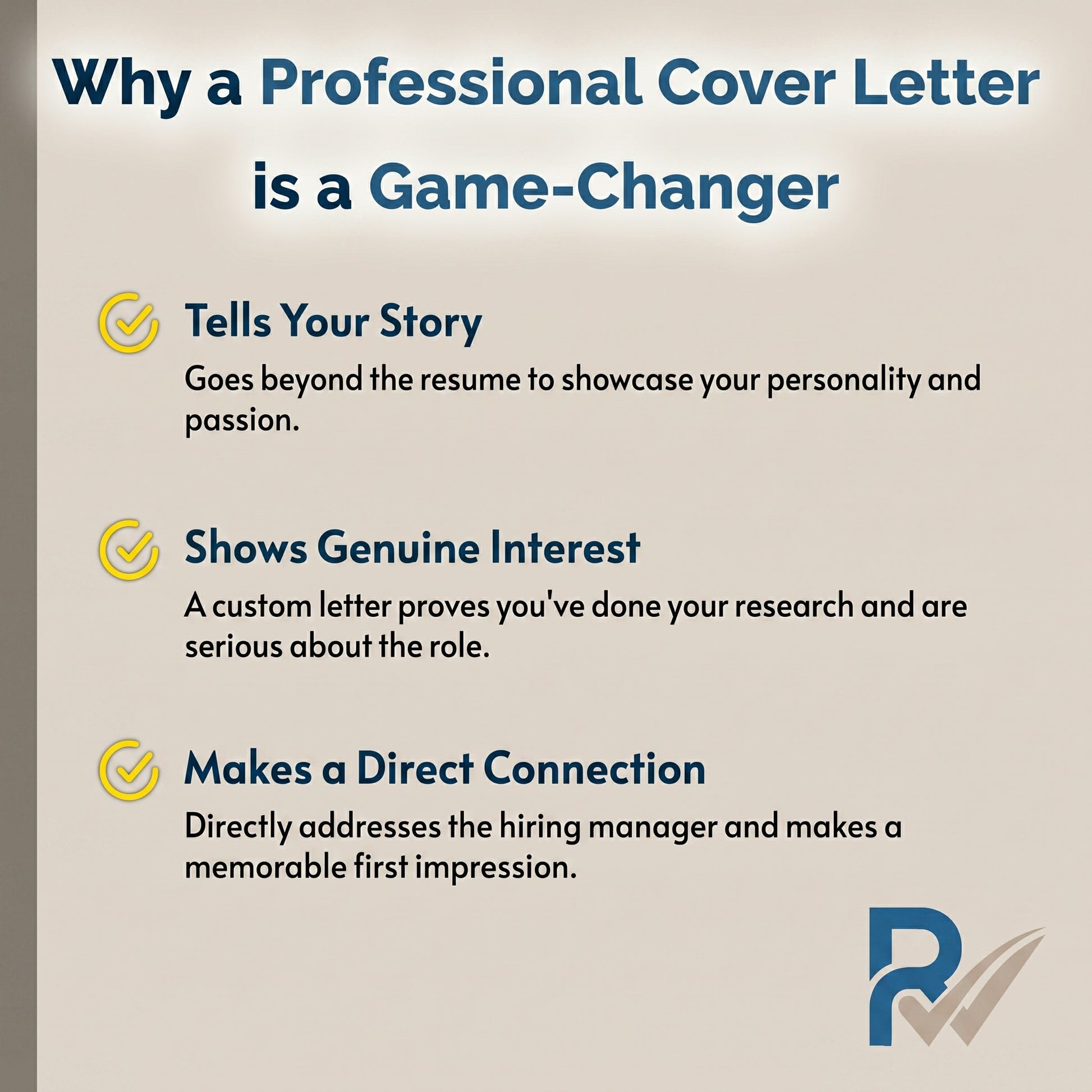 An informational graphic with the title 'Why a Professional Cover Letter is a Game- changer' on a beige background, listing three bullet points about cover letter benefits with yellow checkmark icons, and a blue 'P' logo in the bottom right corner.